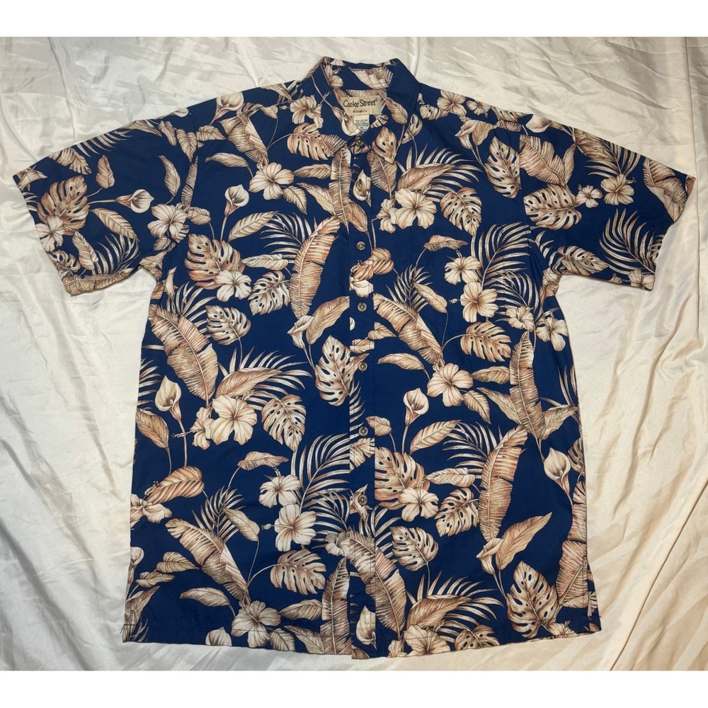 Cooke Street Honolulu Vtg Hawaiian Shirt Medium Blue Tan Floral‎ Tropical Cotton